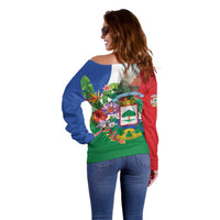 Costa Rica Guanacaste Day Off Shoulder Sweater Resplendent Quetzal Tropical Flowers - Wonder Print Shop