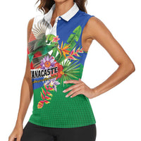 Costa Rica Guanacaste Day Women Sleeveless Polo Shirt Resplendent Quetzal Tropical Flowers - Wonder Print Shop