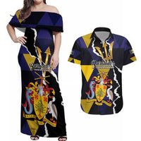 Personalized Barbados Emancipation Day Couples Matching Off Shoulder Maxi Dress and Hawaiian Shirt Luxury Gold Trident - Wonder Print Shop
