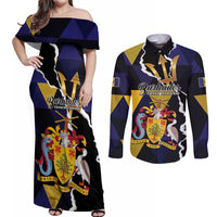 Personalized Barbados Emancipation Day Couples Matching Off Shoulder Maxi Dress and Long Sleeve Button Shirt Luxury Gold Trident - Wonder Print Shop