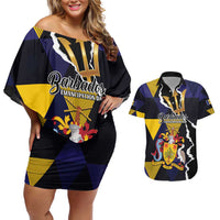 Personalized Barbados Emancipation Day Couples Matching Off Shoulder Short Dress and Hawaiian Shirt Luxury Gold Trident - Wonder Print Shop