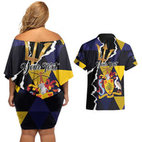 Personalized Barbados Emancipation Day Couples Matching Off Shoulder Short Dress and Hawaiian Shirt Luxury Gold Trident - Wonder Print Shop