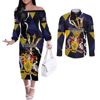 Personalized Barbados Emancipation Day Couples Matching Off The Shoulder Long Sleeve Dress and Long Sleeve Button Shirt Luxury Gold Trident - Wonder Print Shop