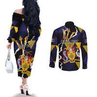Personalized Barbados Emancipation Day Couples Matching Off The Shoulder Long Sleeve Dress and Long Sleeve Button Shirt Luxury Gold Trident - Wonder Print Shop