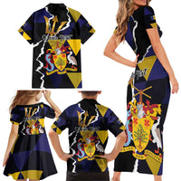 Personalized Barbados Emancipation Day Family Matching Short Sleeve Bodycon Dress and Hawaiian Shirt Luxury Gold Trident - Wonder Print Shop