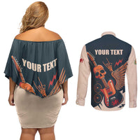 Rock and Roll Skull Guitar Couples Matching Off Shoulder Short Dress and Long Sleeve Button Shirt Welsh Dragon - Wonder Print Shop
