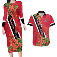 Trinidad and Tobago Couples Matching Long Sleeve Bodycon Dress and Hawaiian Shirt Scarlet Ibis With Chaconia Flower - Wonder Print Shop