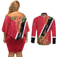 Trinidad and Tobago Couples Matching Off Shoulder Short Dress and Long Sleeve Button Shirt Scarlet Ibis With Chaconia Flower - Wonder Print Shop