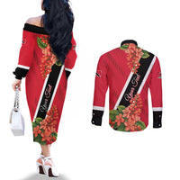 Trinidad and Tobago Couples Matching Off The Shoulder Long Sleeve Dress and Long Sleeve Button Shirt Scarlet Ibis With Chaconia Flower
