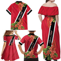 Trinidad and Tobago Family Matching Off Shoulder Maxi Dress and Hawaiian Shirt Scarlet Ibis With Chaconia Flower - Wonder Print Shop