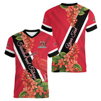 Trinidad and Tobago Women V-Neck T-Shirt Scarlet Ibis With Chaconia Flower - Wonder Print Shop