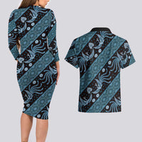 Indonesia Batik Pattern Couples Matching Long Sleeve Bodycon Dress and Hawaiian Shirt Blue Version - Wonder Print Shop