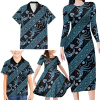 Indonesia Batik Pattern Family Matching Long Sleeve Bodycon Dress and Hawaiian Shirt Blue Version - Wonder Print Shop