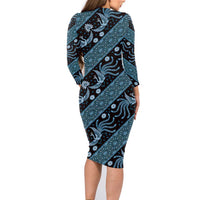 Indonesia Batik Pattern Family Matching Long Sleeve Bodycon Dress and Hawaiian Shirt Blue Version - Wonder Print Shop