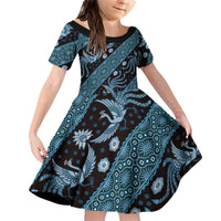 Indonesia Batik Pattern Family Matching Off Shoulder Short Dress and Hawaiian Shirt Blue Version - Wonder Print Shop