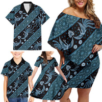 Indonesia Batik Pattern Family Matching Off Shoulder Short Dress and Hawaiian Shirt Blue Version - Wonder Print Shop