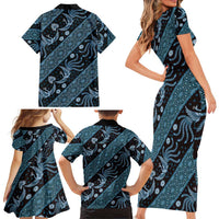 Indonesia Batik Pattern Family Matching Short Sleeve Bodycon Dress and Hawaiian Shirt Blue Version - Wonder Print Shop