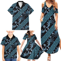 Indonesia Batik Pattern Family Matching Summer Maxi Dress and Hawaiian Shirt Blue Version - Wonder Print Shop