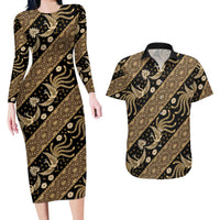 Indonesia Batik Pattern Couples Matching Long Sleeve Bodycon Dress and Hawaiian Shirt Gold Version - Wonder Print Shop