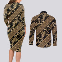 Indonesia Batik Pattern Couples Matching Long Sleeve Bodycon Dress and Long Sleeve Button Shirt Gold Version - Wonder Print Shop