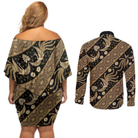 Indonesia Batik Pattern Couples Matching Off Shoulder Short Dress and Long Sleeve Button Shirt Gold Version - Wonder Print Shop