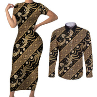 Indonesia Batik Pattern Couples Matching Short Sleeve Bodycon Dress and Long Sleeve Button Shirt Gold Version - Wonder Print Shop