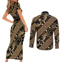 Indonesia Batik Pattern Couples Matching Short Sleeve Bodycon Dress and Long Sleeve Button Shirt Gold Version - Wonder Print Shop