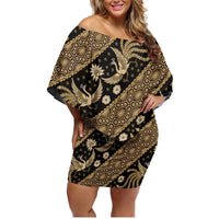 Indonesia Batik Pattern Family Matching Off Shoulder Short Dress and Hawaiian Shirt Gold Version - Wonder Print Shop