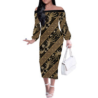 Indonesia Batik Pattern Off The Shoulder Long Sleeve Dress Gold Version - Wonder Print Shop