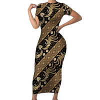 Indonesia Batik Pattern Short Sleeve Bodycon Dress Gold Version - Wonder Print Shop