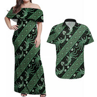 Indonesia Batik Pattern Couples Matching Off Shoulder Maxi Dress and Hawaiian Shirt Green Version - Wonder Print Shop
