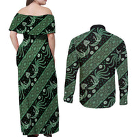 Indonesia Batik Pattern Couples Matching Off Shoulder Maxi Dress and Long Sleeve Button Shirt Green Version - Wonder Print Shop
