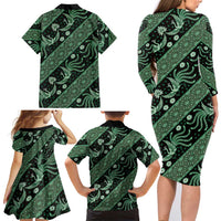 Indonesia Batik Pattern Family Matching Long Sleeve Bodycon Dress and Hawaiian Shirt Green Version - Wonder Print Shop