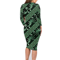 Indonesia Batik Pattern Family Matching Long Sleeve Bodycon Dress and Hawaiian Shirt Green Version - Wonder Print Shop