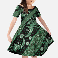 Indonesia Batik Pattern Family Matching Short Sleeve Bodycon Dress and Hawaiian Shirt Green Version - Wonder Print Shop