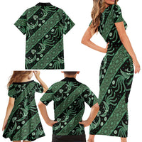 Indonesia Batik Pattern Family Matching Short Sleeve Bodycon Dress and Hawaiian Shirt Green Version - Wonder Print Shop