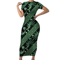 Indonesia Batik Pattern Family Matching Short Sleeve Bodycon Dress and Hawaiian Shirt Green Version - Wonder Print Shop