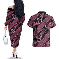 Indonesia Batik Pattern Couples Matching Off The Shoulder Long Sleeve Dress and Hawaiian Shirt Pink Version - Wonder Print Shop