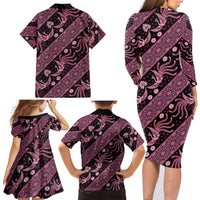 Indonesia Batik Pattern Family Matching Long Sleeve Bodycon Dress and Hawaiian Shirt Pink Version - Wonder Print Shop