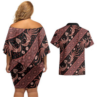 Indonesia Batik Pattern Couples Matching Off Shoulder Short Dress and Hawaiian Shirt Red Version - Wonder Print Shop