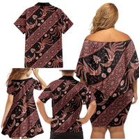 Indonesia Batik Pattern Family Matching Off Shoulder Short Dress and Hawaiian Shirt Red Version - Wonder Print Shop