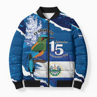 Personalized El Salvador Turquoise Browed Motmot Bomber Puffer Jacket Happy Independence Day