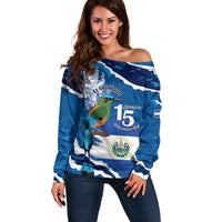 Personalized El Salvador Turquoise Browed Motmot Off Shoulder Sweater Happy Independence Day
