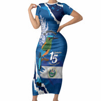 Personalized El Salvador Turquoise Browed Motmot Short Sleeve Bodycon Dress Happy Independence Day