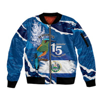 Personalized El Salvador Turquoise Browed Motmot Sleeve Zip Bomber Jacket Happy Independence Day