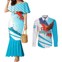 honduras-couples-matching-mermaid-dress-and-long-sleeve-button-shirts-coat-of-arms-with-scarlet-macaw