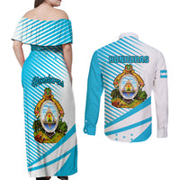 Honduras Couples Matching Off Shoulder Maxi Dress and Long Sleeve Button Shirts Coat Of Arms With Scarlet Macaw - Wonder Print Shop