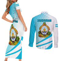 Honduras Couples Matching Short Sleeve Bodycon Dress and Long Sleeve Button Shirts Coat Of Arms With Scarlet Macaw - Wonder Print Shop