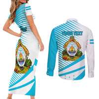 Personalised Honduras Couples Matching Short Sleeve Bodycon Dress and Long Sleeve Button Shirts Coat Of Arms With Scarlet Macaw - Wonder Print Shop