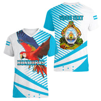 Personalised Honduras Women V Neck T Shirt Coat Of Arms With Scarlet Macaw - Wonder Print Shop